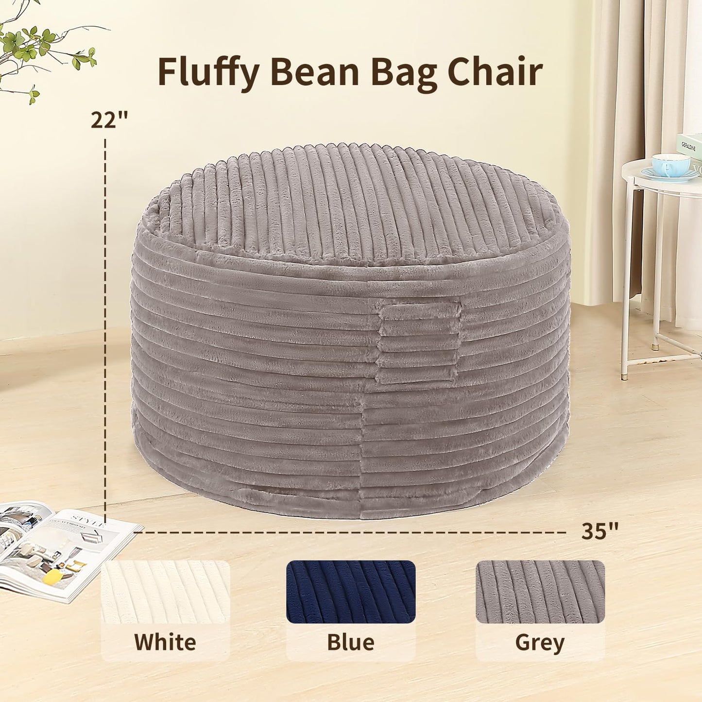 BestRoyal 3FT Memory Foam Bean Bag Chair for Adults/Teens, Bean Bag Sofa with Fluffy Removable Cover, for Living Room Bedroom, Grey