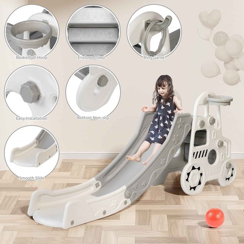 DUKE BABY 3-in-1 Car Shape Kids Slide: A Fantastic Toddler Toy with Basketball Hoop, and Slide. for Ages 3+ with Spacious Buffer Area. -White.