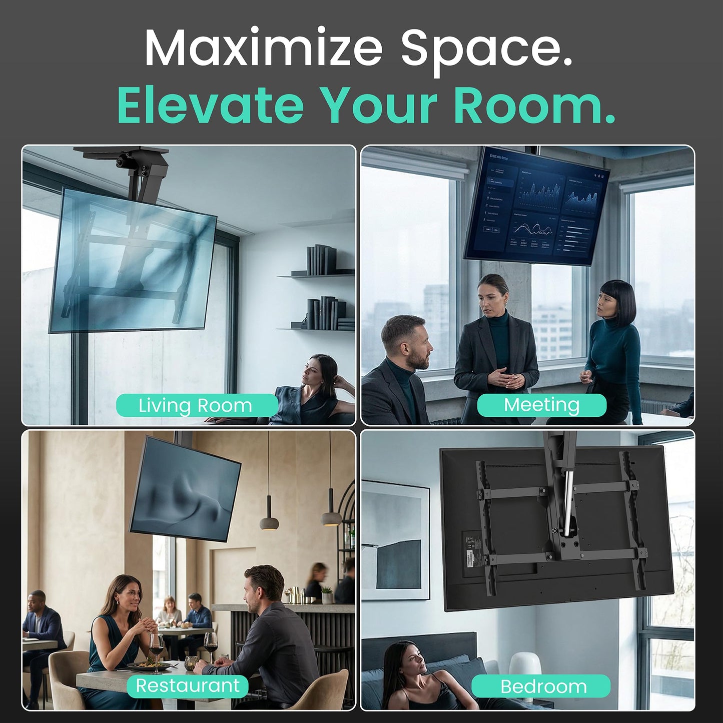 ynVISION.DESIGN Motorized Electric Ceiling TV Mount with Remote for 37-75 Inch TVs - Smart TV Flip Down Ceiling Mount with Cable Management -Max VESA 600x400 - 99 lbs, Voice/App Controlled, 0-80° Tilt