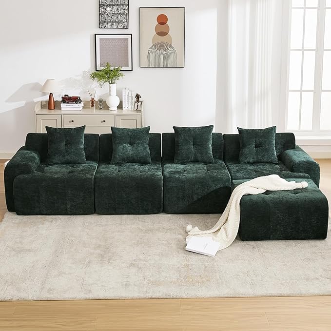 YAAREE 101.65” Modular Sectional Couch for Living Room, Modren L-Shape Cloud Sectional 3-Seater Sofa with Movable Ottoman, Woven Texture Upholstery Boneless Couch, No Assembly, Green