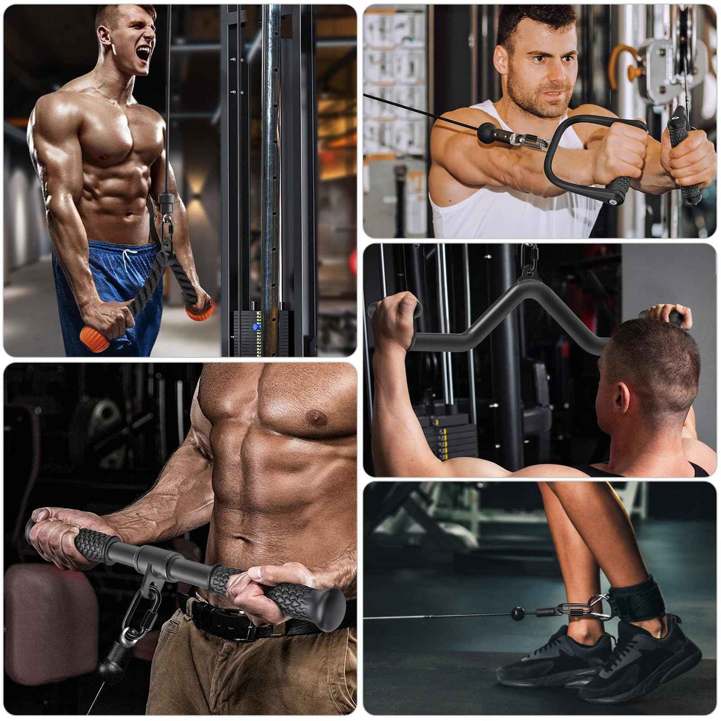 SELEWARE Cable Machine Attachment - Heavy Duty Home Gym Accessories Including 36" Tricep Rope, 32" LAT Pulldown Bars, 18" LAT Pulldown Straight Bar, Ankle Strap, 2 D Handles, and Double D Handle
