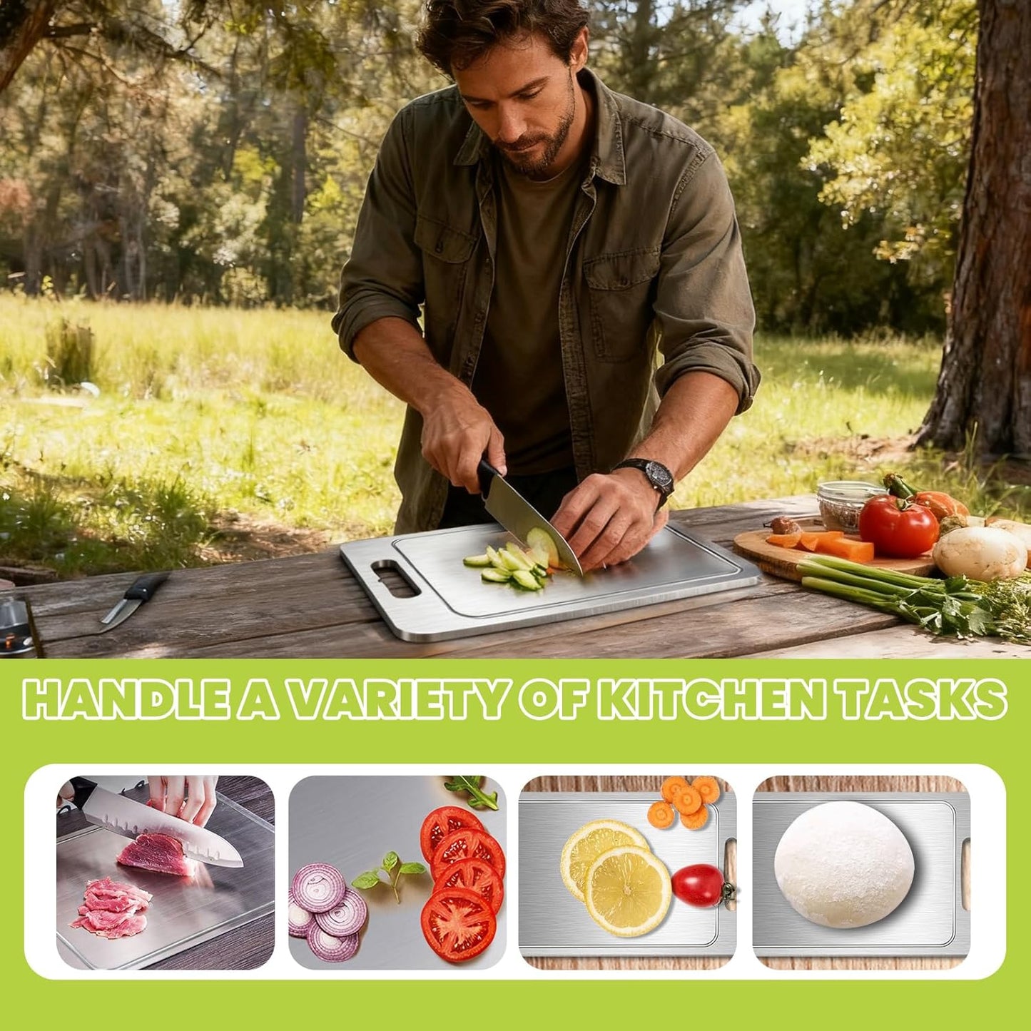 Titanium Cutting Board with Juice Groove-Pure Titanium Cutting Boards For Kitchen,Double-Sided Metal Chopping Board Titanware Cutting Mat for Cutting Meats, Fruits & Vegetables