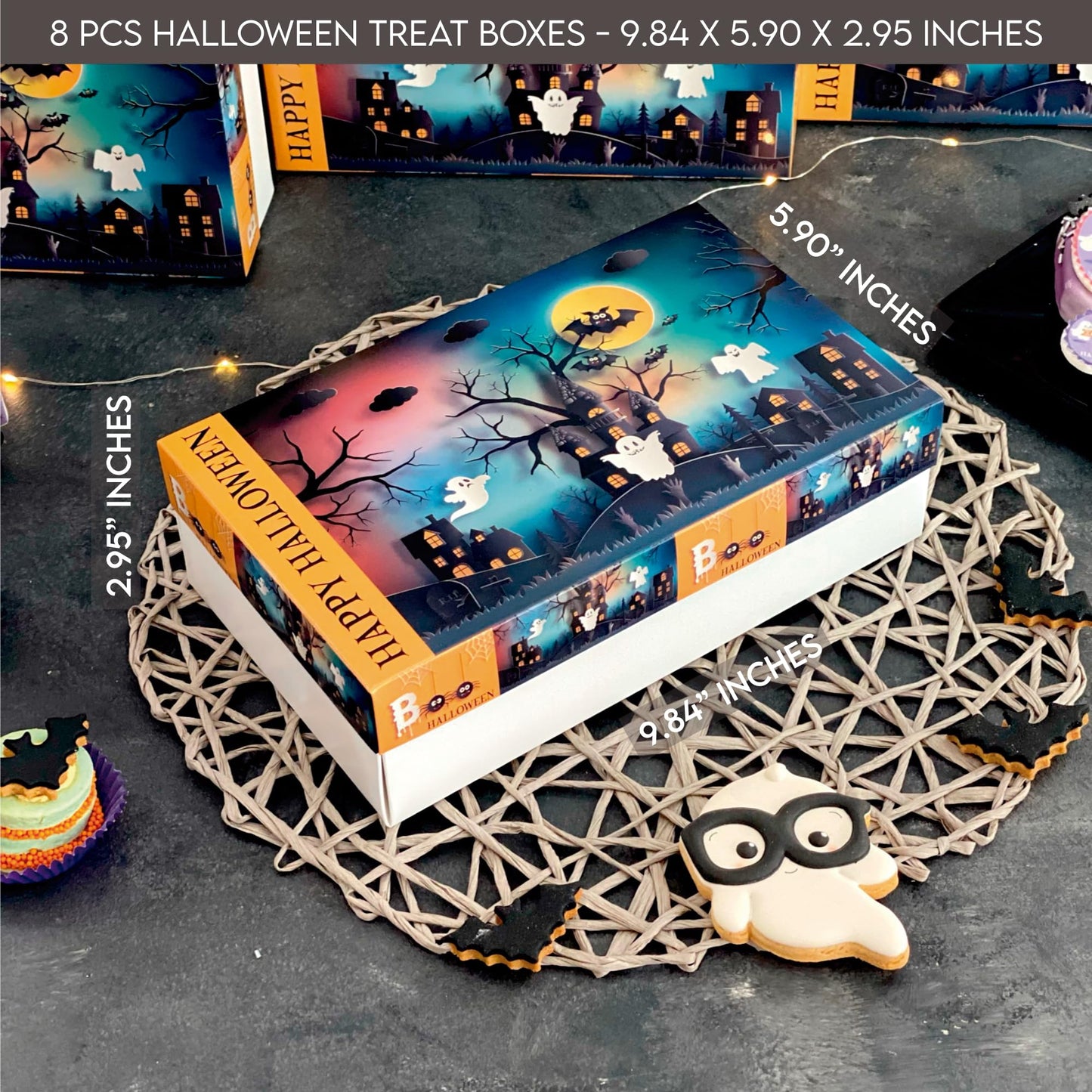 VASSAPACK 8 Pcs Halloween Treat Boxes 9.84x5.90x2.95 inches, Trick or Treat Favor Boxes, Halloween Party Supplies, Candy Containers, Halloween Surprise Gift Boxes