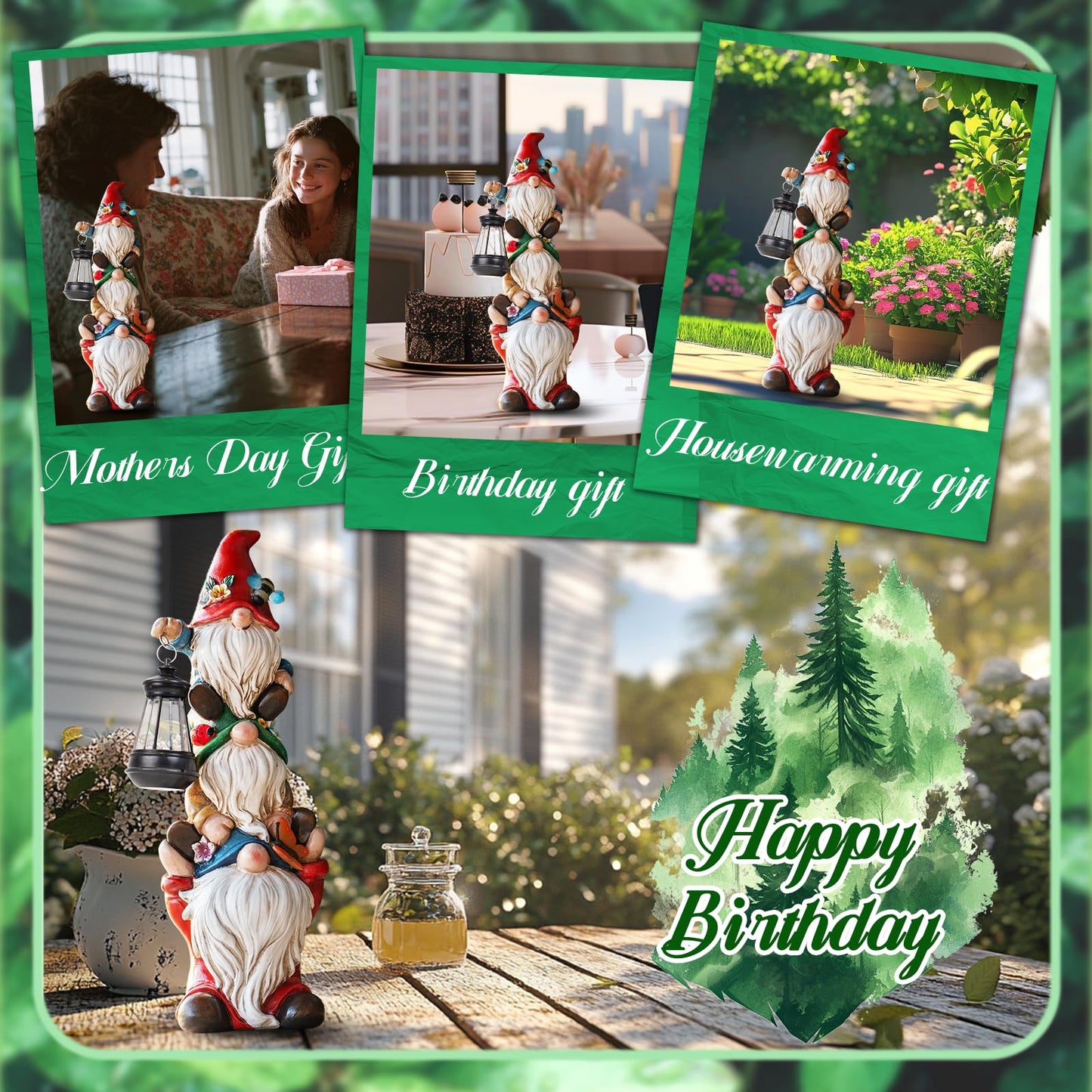 Garden Gnome Statue with Solar Lights Garden Sculptures Funny Triple Gnome Outdoor Patio Lawn Yard Balcony Garden Home Decor Birthday Gifts for Women Mom Grandma 12 in Fall Gnome