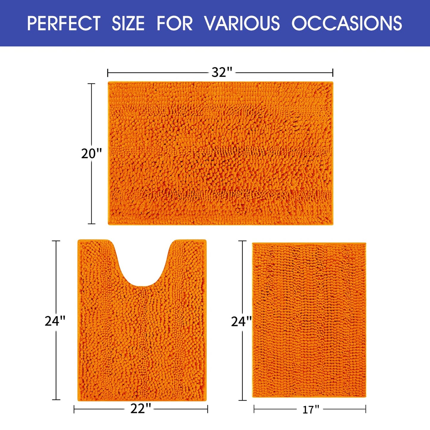 ACCUMTEK Striped Orange Bathroom Rug Set 3 Pieces Ultra Soft, Non Slip Chenille Toilet Mat, Absorbent Plush Shaggy Bath Mats for Bathroom, Bedroom, Kitchen