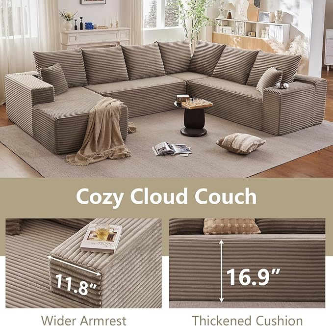Cloud Sectional Couch with L-Shape Chaise, Upholstered Corduroy Couches Stupendous U Shaped Sofas, Modern Modular Comfy Sofa with Deep Seat for Living Room Bedroom, No Assembly Required, Camel