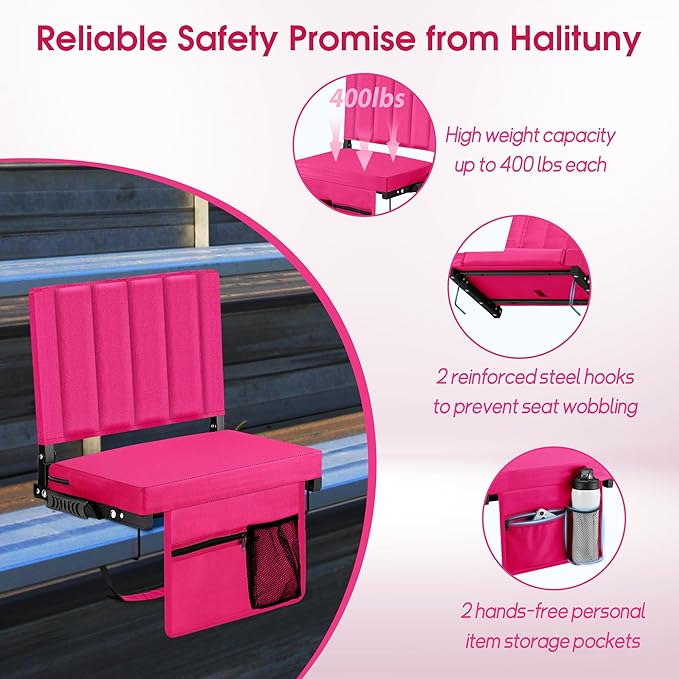 Halituny Stadium Seat for Bleachers with Back Support, Portable Bleacher Seat with Wide Comfy Padded Cushion, Metal Hook, Folding Stadium Chair with Shoulder Strap, Carry Handle, Cup Holder