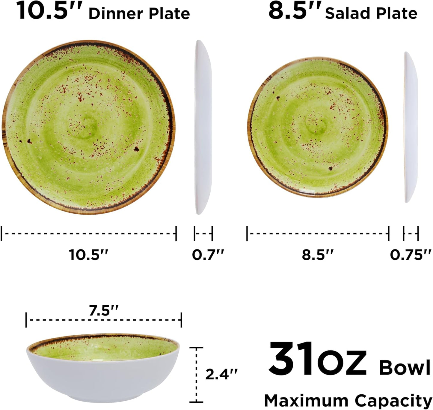TP 12-Piece Dinnerware Set, Melamine Dishes Set with Bowls and Plates, Non-breakable and Lightweight Dinner Service for 4, Green Swirl