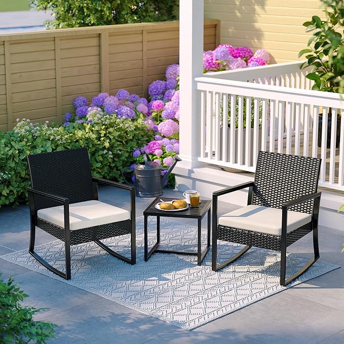 ELEGIBLISS 3 Pieces Outdoor Patio Set -Wicker Rattan Chair Conversation Set with Glass Table for Poolside Yard Rocking Chair Set for Bistro Garden Front Porch All Weather Patio Furniture Set