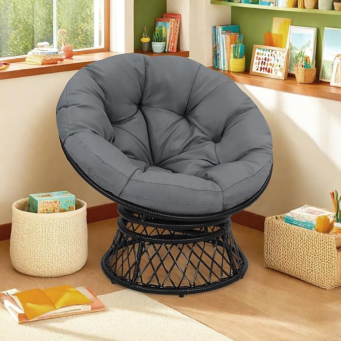 40" Ergonomic Wicker Papasan Chair, 360° Swivel Indoor Outdoor Rattan Chair with Soft Thick Cushion, Ideal for Living Room, Bedroom, Reading Room, Black Frame with Dark Grey Cushion