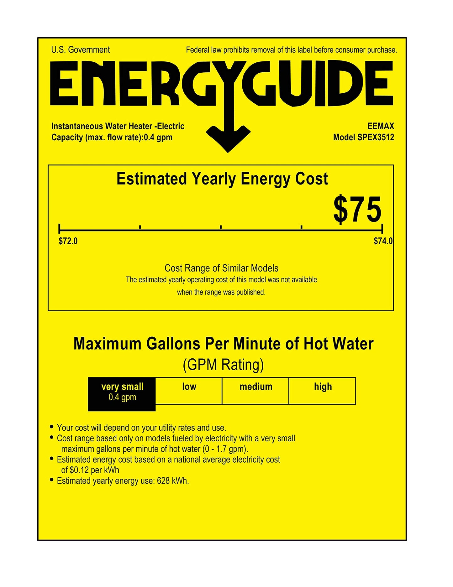 Eemax SPEX3512 FlowCo 3.5 Kilowatt 120 Volt Electric Point of Use Water Heater , White