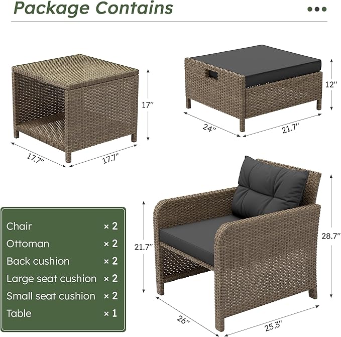 LHBcraft 5 Piece Patio Conversation Set Outdoor Patio Chairs with Ottomans Balcony Furniture with Soft Cushions & Coffee Table for Poolside Garden Balcony (Black Cushion +Yellow Rattan)