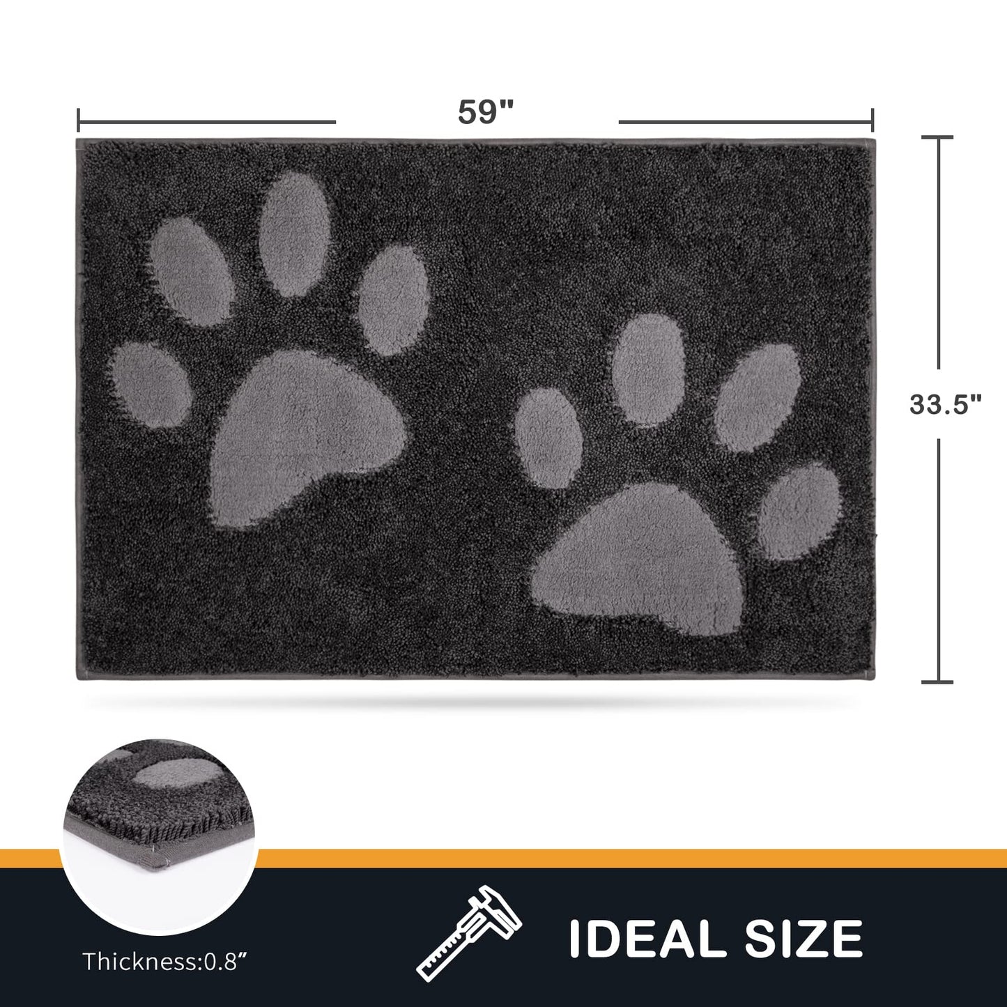 PURRUGS Dirt Trapper Door Mat 33.5" x 59", Non-Skid/Slip Machine Washable Microfiber Entryway Rug, Dog Doormat, Super Absorbent Welcome Mat for Muddy Wet Shoes and Paws, Charcoal