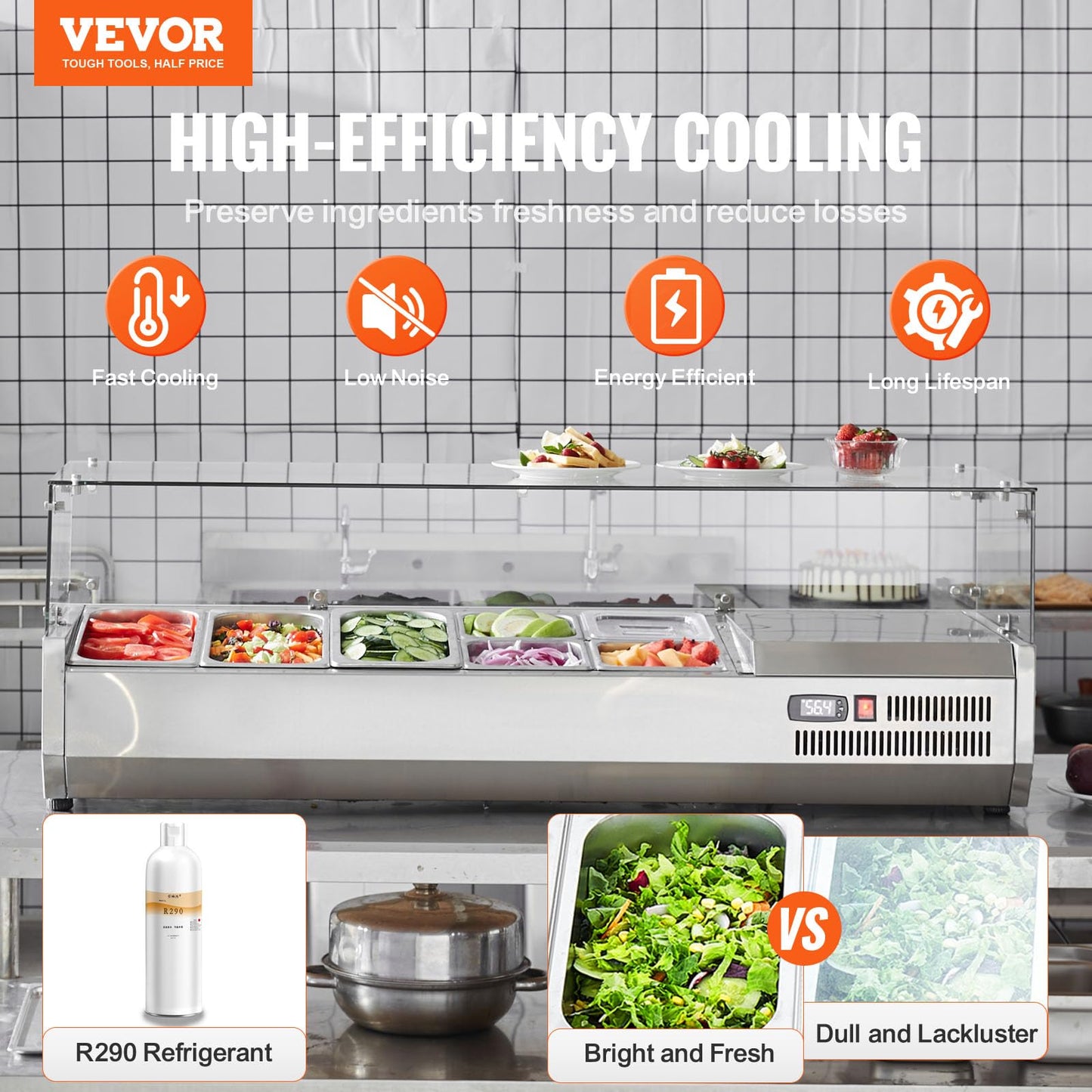 VEVOR Condiment Prep Rail Station, 140 W Countertop Refrigerated Condiment Station, with 3 1/3 4 1/6 Pans, 304 Stainless Body and PC Lid, Sandwich Prep Table with Glass Guard, ETL, Silver