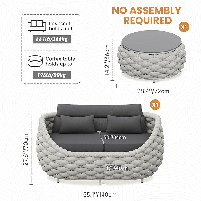 Erotr Patio Loveseat with Table: Aluminum Hand Woven Rope 2 Pieces Patio Furniture Set - Cushioned Outdoor Seating Set - Modern Couch Assembled - Metal Lounge Set for Porch Balcony Deck Garden Hotel