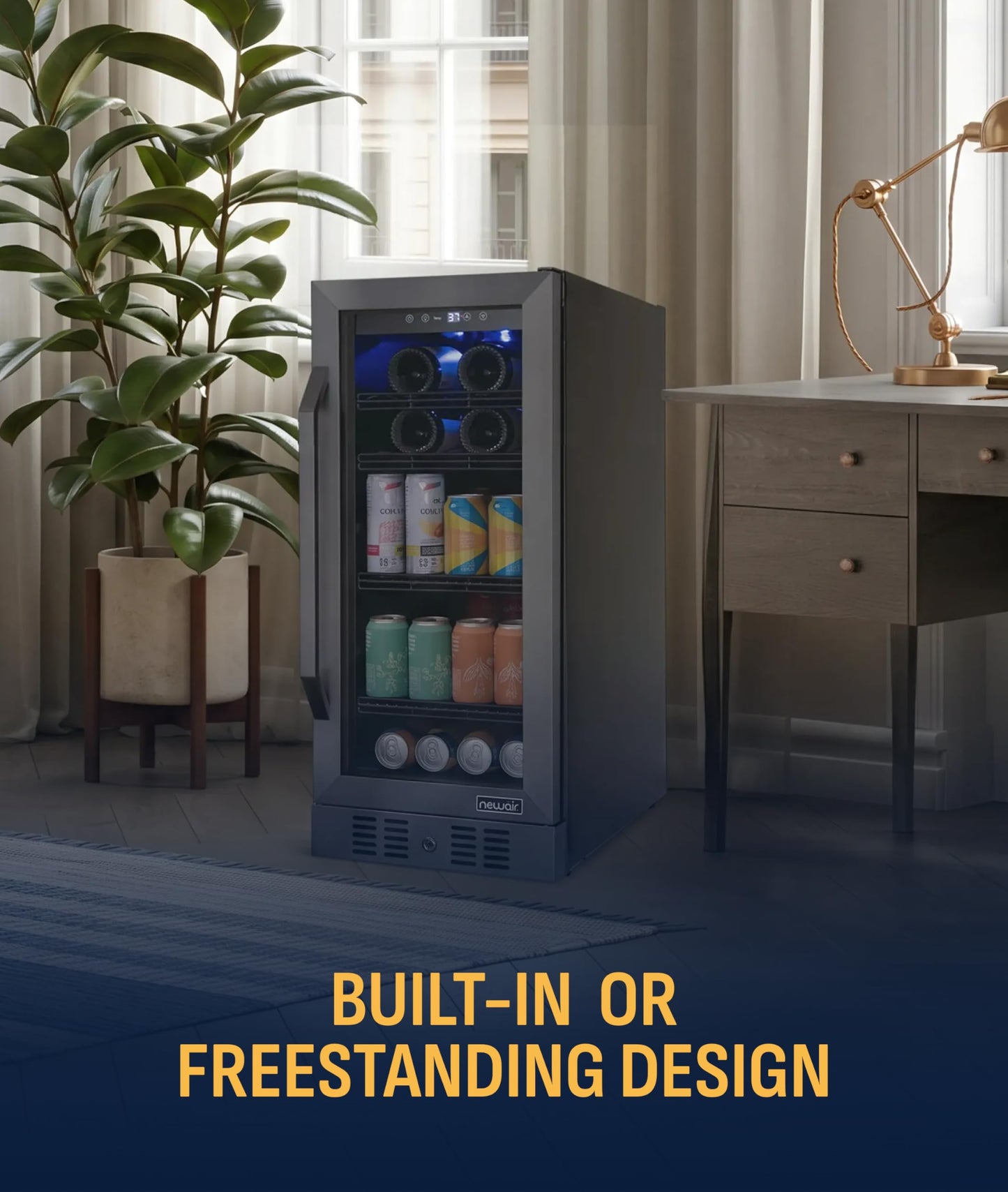 NewAir 15" Single Zone Beverage & Wine Fridge | Beverage & Wine Refrigerator for 33 Bottles / 80 Cans | Freestanding or Built-In Under Counter Mini Fridge for Beer, Wine & Soda | Black Stainless Steel