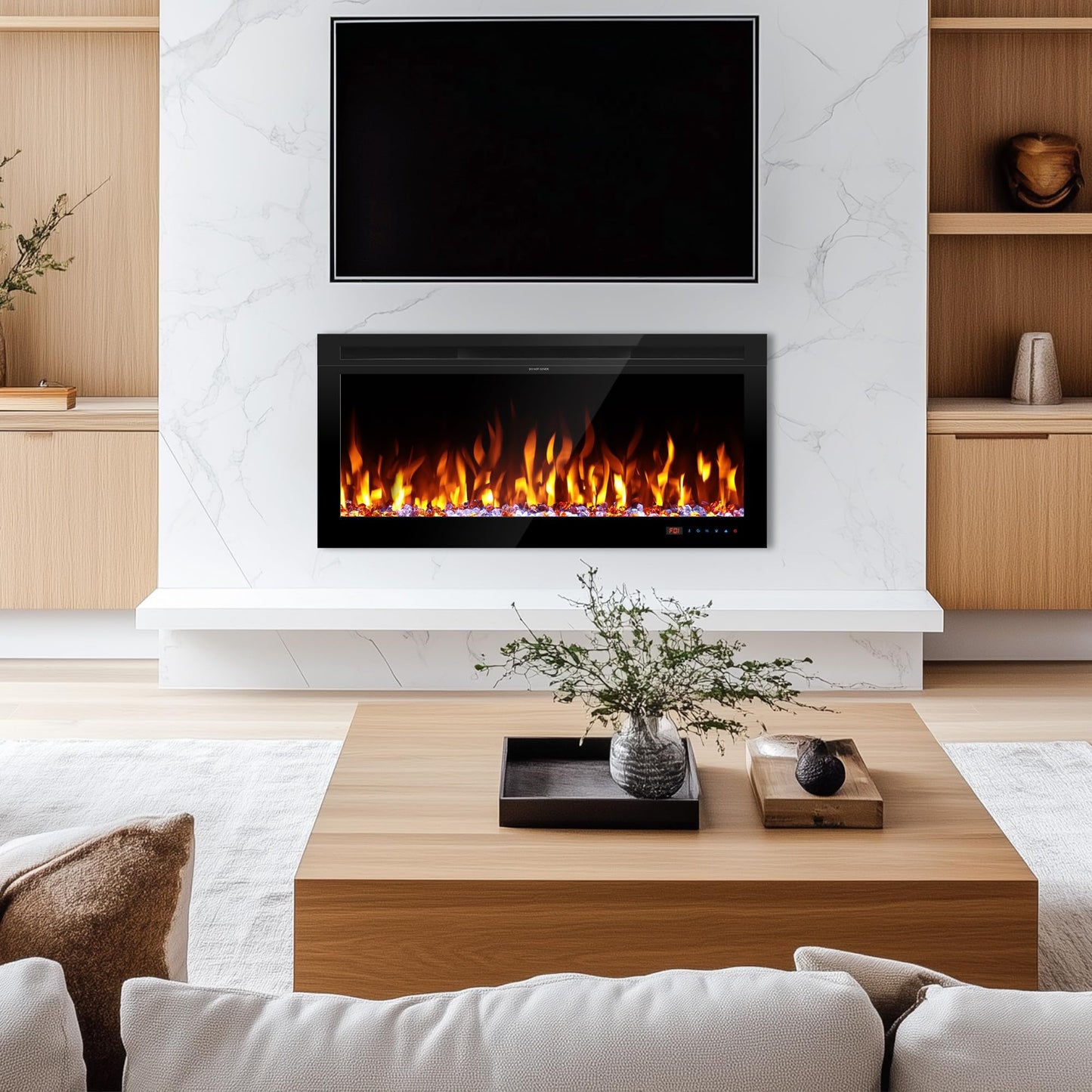 Kentsky 54" Electric Fireplace, Wall Mounted & Insert Electric Fireplace, W/Mixed Color Flame, Adjustable Brightness & Speed, 0-8H Timer, Thermostat, 750w/1500w, Balck