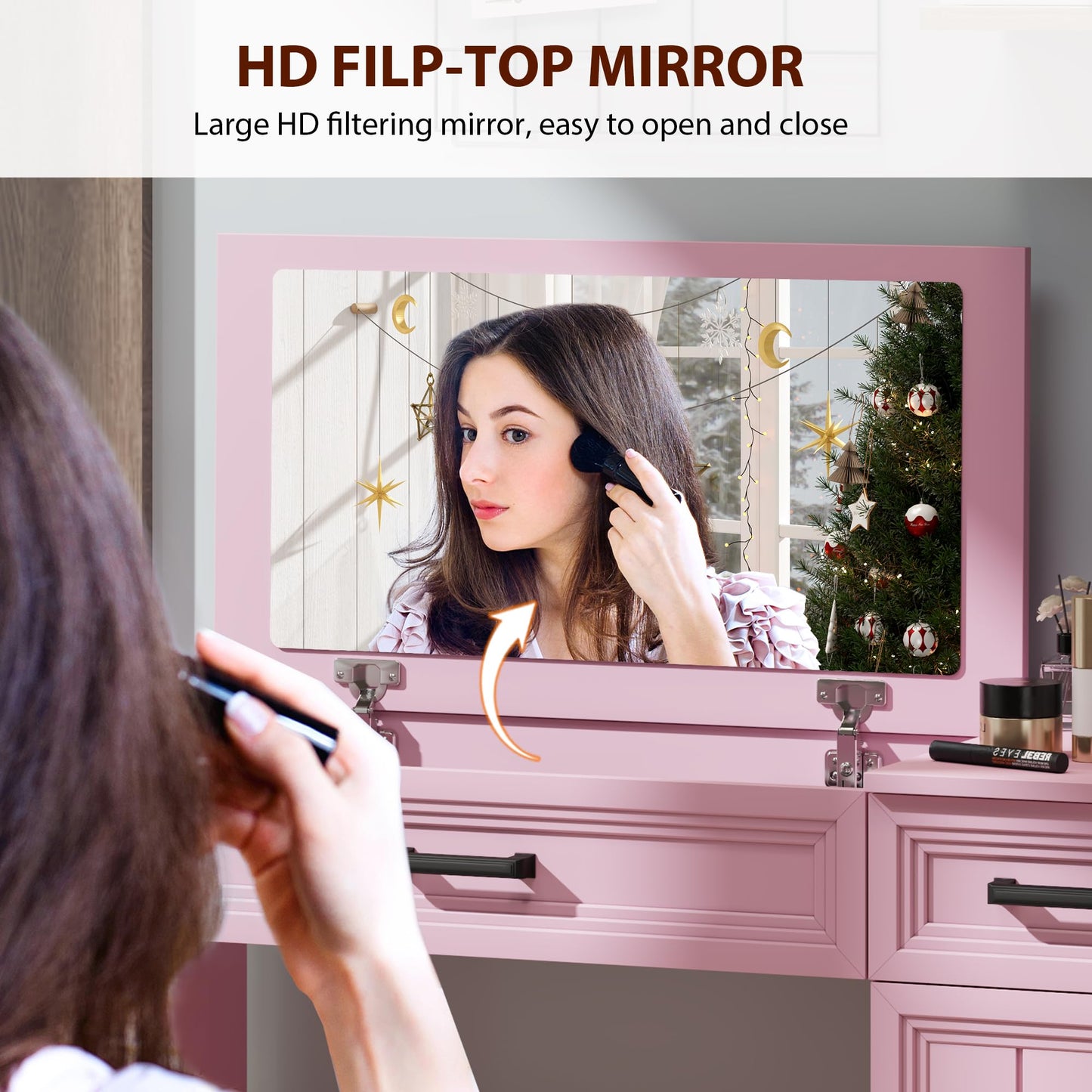 FOMNEY Farmhouse Vanity Desk with Flip Top Mirror, 43.3" W Makeup Vanity with Drawers, Storage Cabinet, Dressing Make Up Vanity Table for Bedroom, Wood Home Office Desk, Pink