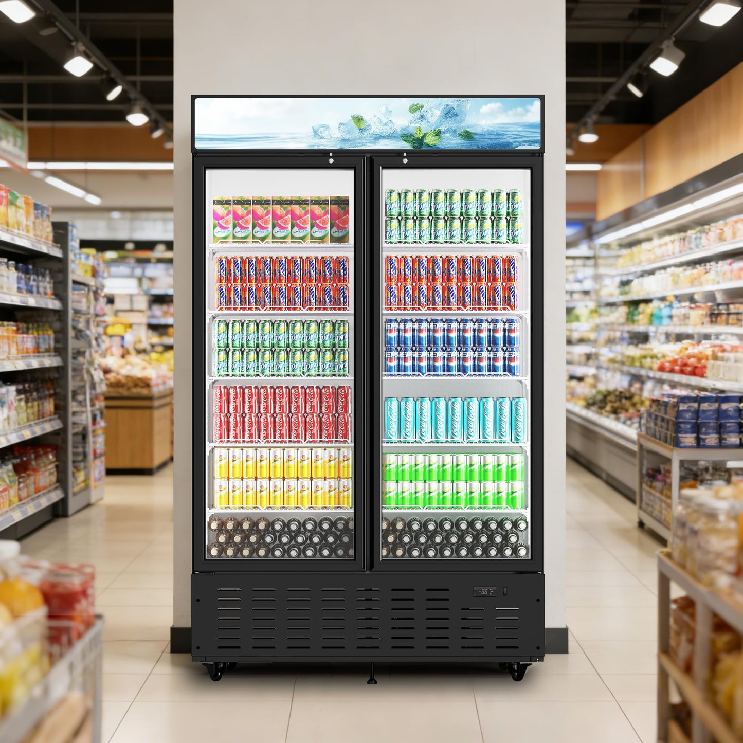 Frostvale 41 Cu.Ft Commercial Display Refrigerator, Black 2 Glass Door Beverage Cooler with Lighted Header, ETL Upright Merchandiser Fridge for Drinks, Soda, Beer, Restaurant, Store
