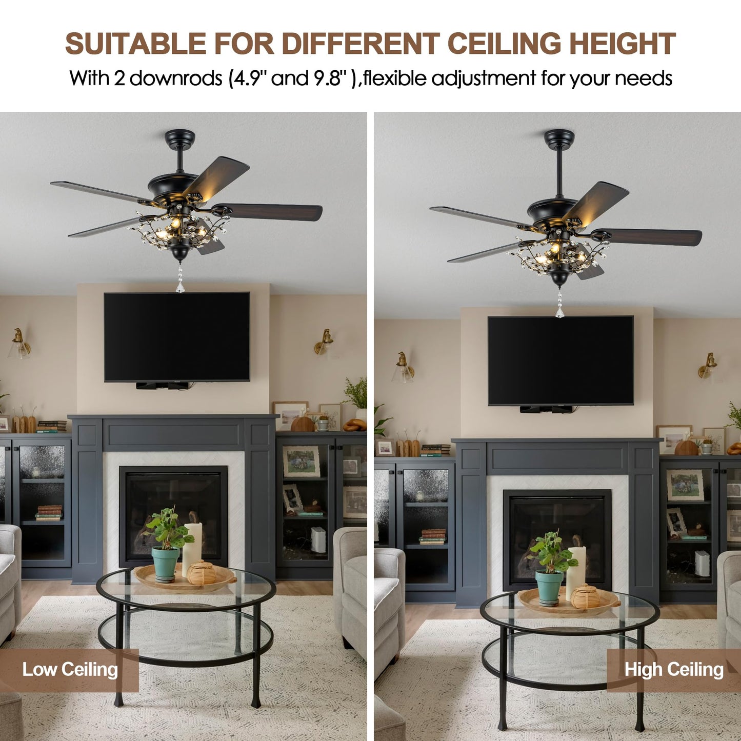 Oaks Aura 52 Modern Crystal Chandelier Ceiling Fans With Lights, Gorgeous Reversible Motor And 6 Speed Ceiling Fan Light Fixtu