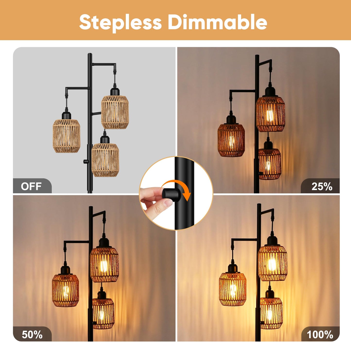 ROTTOGOON Dimmable Boho Floor Lamp - 3 Light Farmhouse Rattan Floor Lamp for Living Room, Industrial Tree Floor Lamps with 3 X 6W LED Bulbs, Rustic Standing Tall Lamp for Bedroom, Office, 68", Black