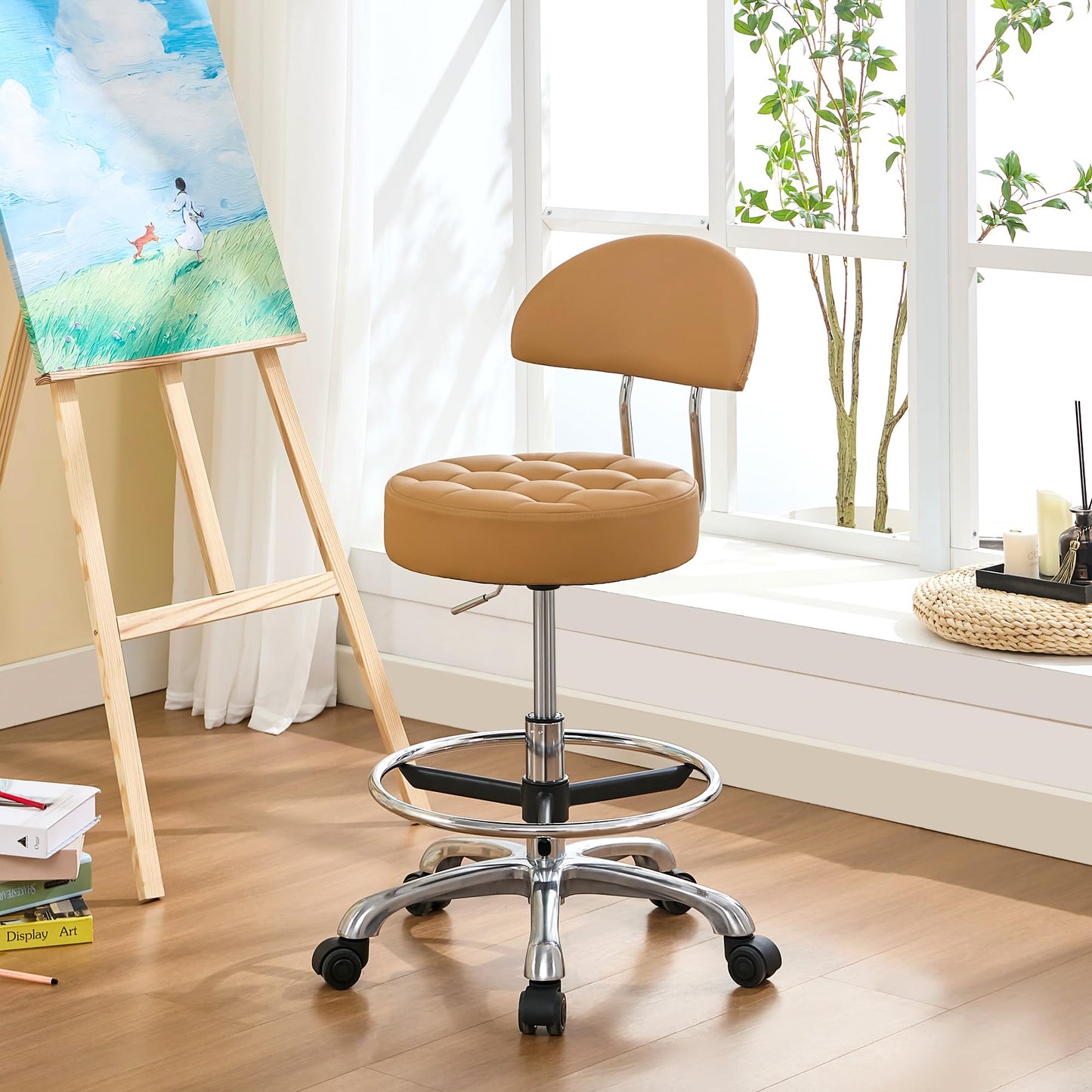 FIRAVOE Rolling Chair (Adjustable Height 20-27 inch) (Stool with Quiet Wheels and Foot Rest) Multifunctional Nail Salon and Spa Stools (Camarel Brown)