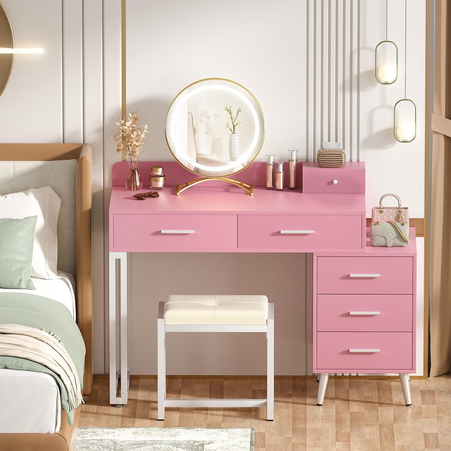 Pink Vanity Desk with Mirror and Lights, Modern Makeup Vanity Table Set with 6 Storage Drawers and Cushioned Stool for Bedroom, Dressing Table with Divided Organizers for Women Girls, Pink