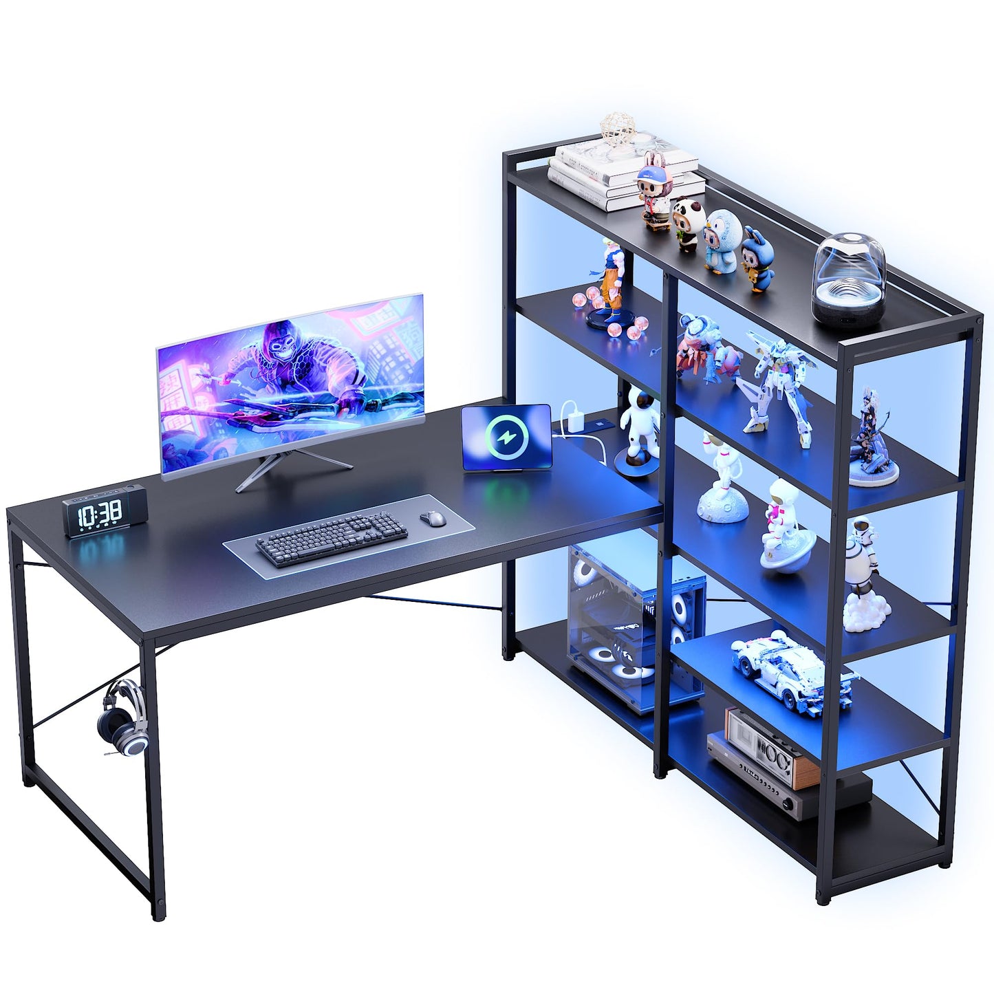 Pamray L Shaped Computer Desk with Reversible Side Storage Shelves, 49 Inch Gaming Desk with Power Outlets and Led Lights, PC Table for Home Office and Bedroom Black