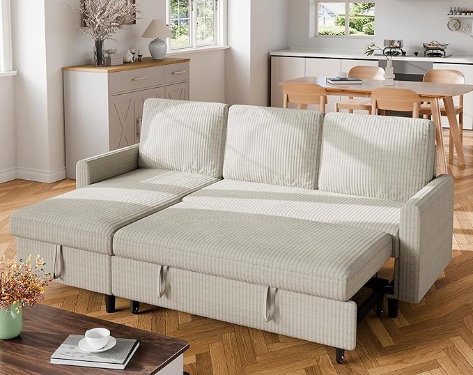 Nuturelly Sectional Sofa Couch Bed L Shaped Sleeper Sofa Bed Pull Out Bed with Storage, Reversible Sectional Couches for Living Room, Apartment, Office(White)