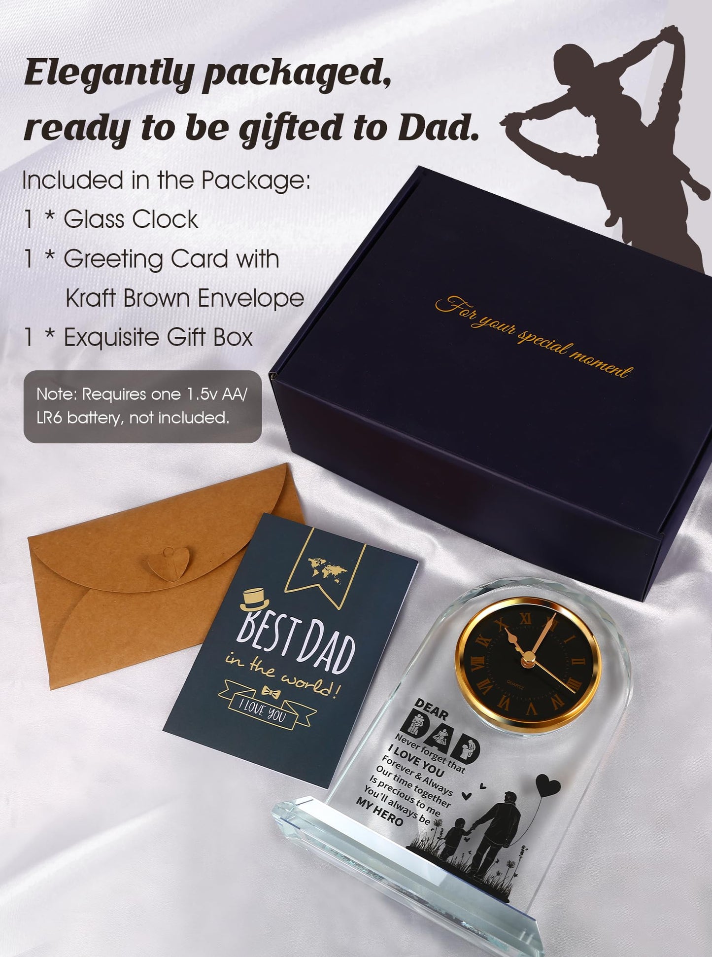WinTaim Dad Glass Clock Gift from Daughter or Son, Unique Birthday, Christmas, Dad Valentines Gifts from Girl, Elegant Desk Clock with Base for Dads Who Have Everything