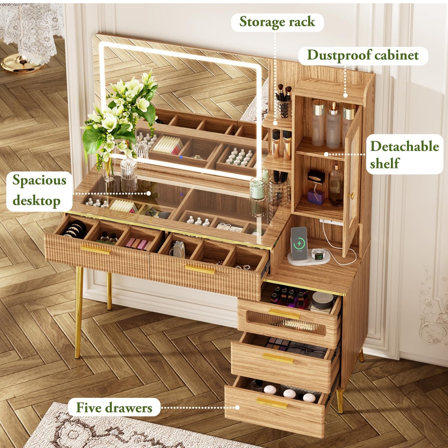 Chrangmay 47.24" Big Modern Vanity Desk with Mirror and Lights,Makeup Vanity Desk with 5 Drawers and Storage Shelves & Power Outlet,Dressing Table with Glass Top, Oak