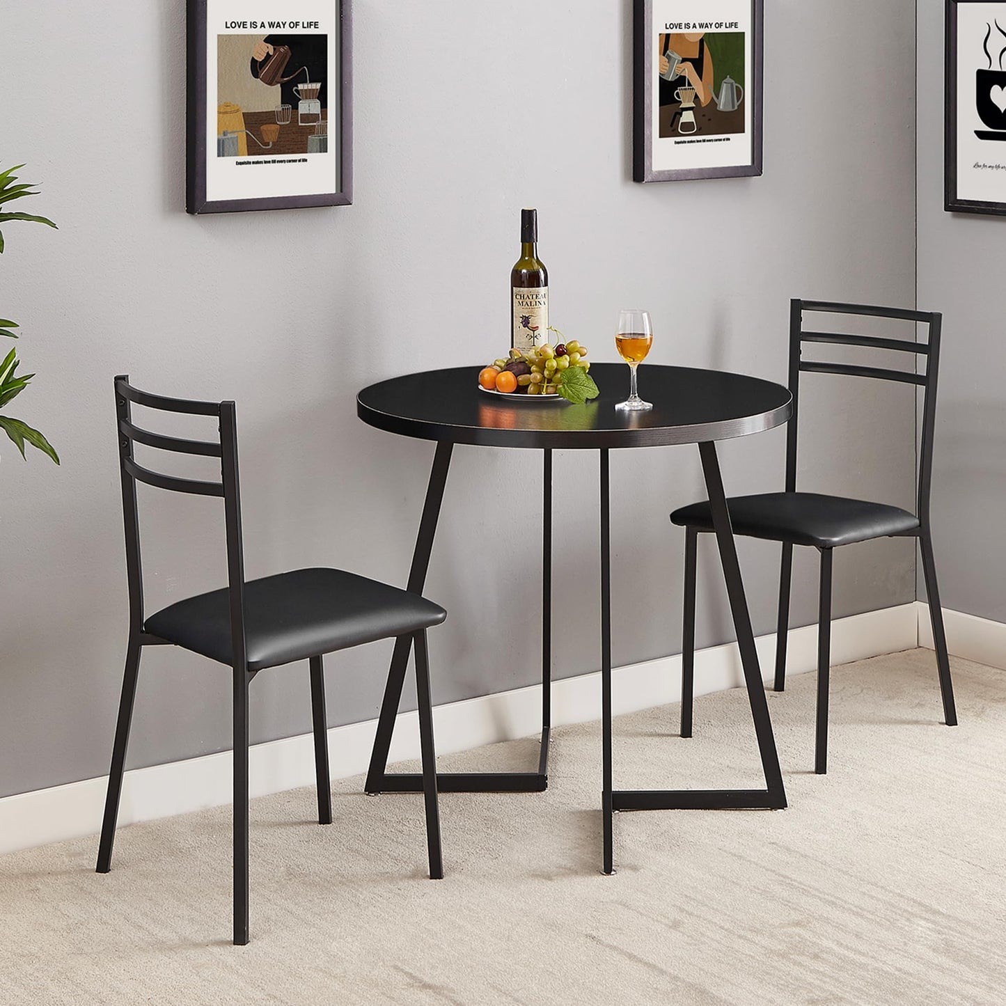 VECELO Small Round Dining Table Set for 2, Heavy-Duty Metal Frame & Upholstered Chair for Breakfast Nook, Kitchen, and Small Space, Black