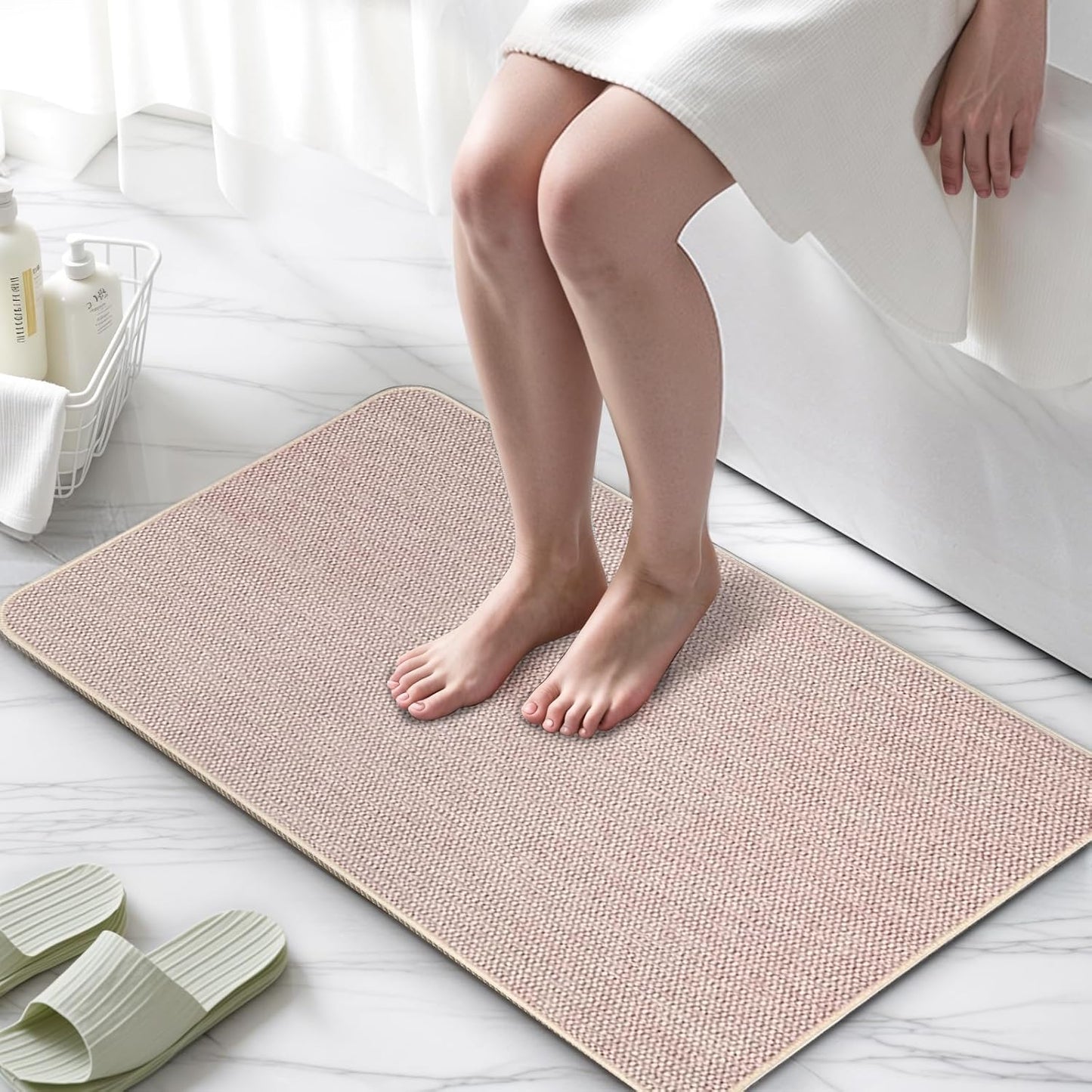 Upgraded Bathroom Rugs 24x36Inch, Thin Bath Mat with Rubber Backing Non-Slip, Absorbent,Quick Dry Machine Washable, Home Decor Accessories Cozy Cloth Bathroom Mat fit Under Door/Sink/Tub/Shower-Biege