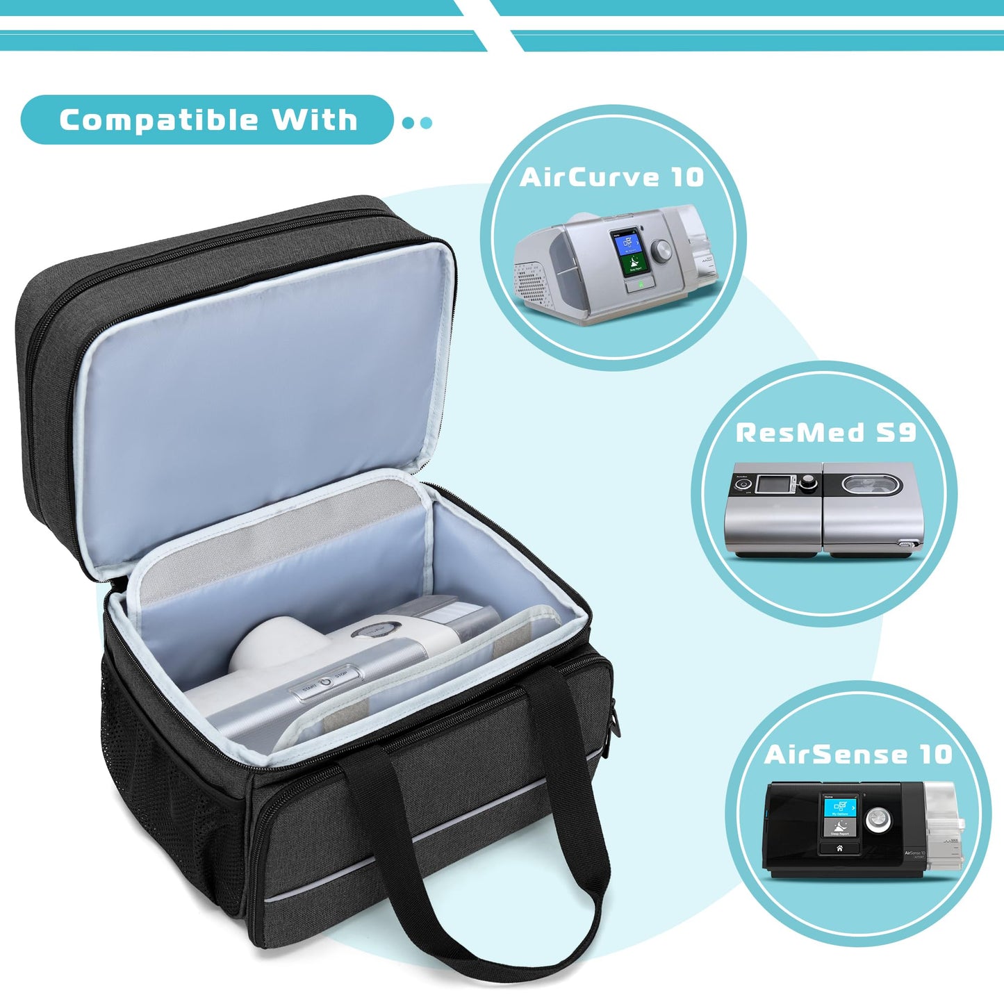 CURMIO CPAP Machine Travel Carrying Case Compatible with ResMed AirSense 11, AirSense 10, AirSense 10 elite, AirStart 10, Philips Dreamstation, 3B Medical Luna G3, and XT Fit, Black (Patented Design)