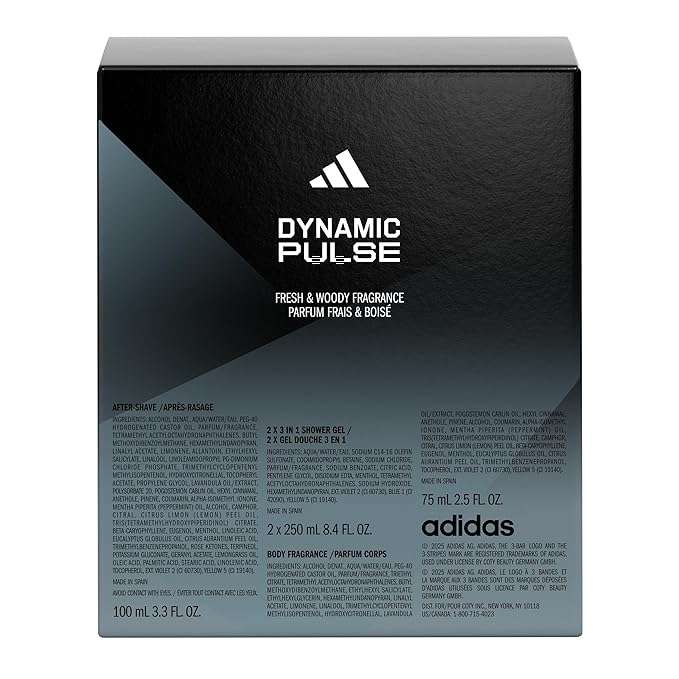 adidas Dynamic Pulse Aftershave Giftset - 1.6 fl oz EDT + 2.5 fl oz + 8.4 fl oz + 13.5 fl oz Shower Gel, Notes of Mint, Apple, and Wood, Men's Fragrance, Long Lasting, Sporty