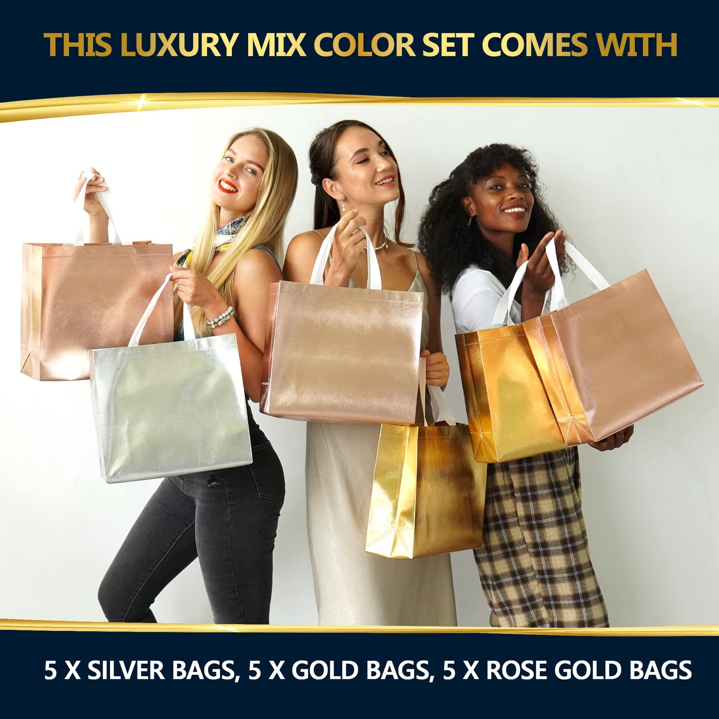 Nush Nush 15 Gift Bags Luxury Mix Color Set - Rose Gold, Silver, Gold Reusable Gift Bags With White Handles for Christmas, Goodie, Birthday - 13Wx5Dx11H Size