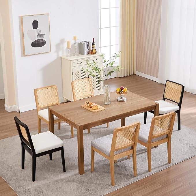 LukeAlon Set of 6 Mid Century Dining Chairs - Farmhouse Kitchen Chairs with Woven Cane Back, Plush Chenille Upholstered Seat, Solid Wood Legs for Dining Room & Breakfast Nook, Grey