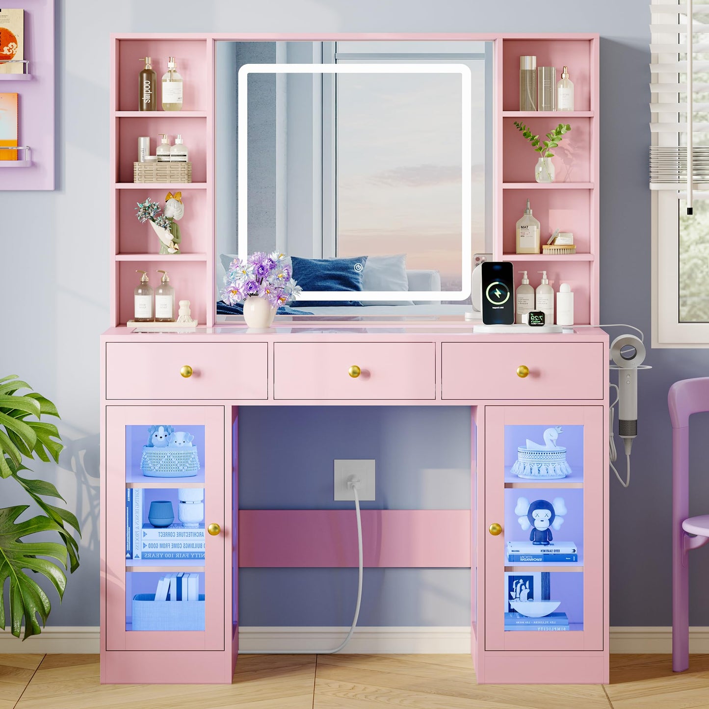 Makeup Vanity Desk with HD Lighted Mirror & Power Outlet, Glass Top Vanity Table Set with Storage Drawers & RGB Cabinets, Large Dressing Table with 3 Lighting Modes for Bedroom Women Girls Kids, Pink