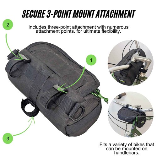 Handlebar Bag (Black & Green Burrito) | 2 Liter Capacity | Spacious Bike Bag w/ 2 Extra Long Buckle Straps & 1 Hook-and-Loop Strap | Water Resistant Front Basket | Bike Accessories | Made in USA