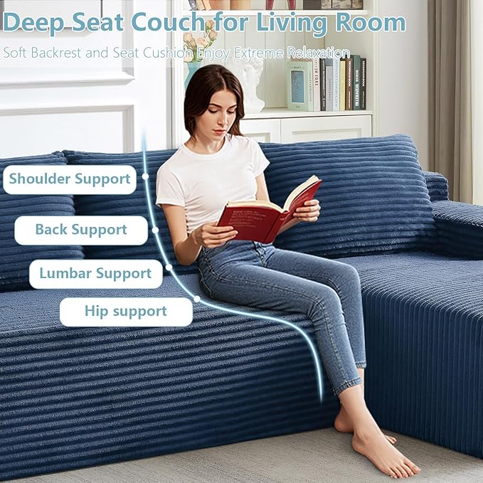 96" Cloud Sectional Couch with L-Shape Chaise, Modern Corduroy Boneless Couch for Living Room,Memory Foam Sofa with Deep Seat,No Assembly Required (Blue,Right-Facing Chaise)
