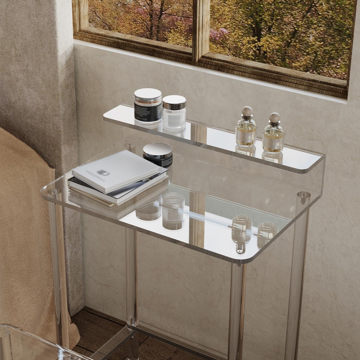 Eglaf Acrylic Small Vanity Desk - 23.6'' L x 15.8'' W x 33.9'' H - Modern Makeup Vanity Table with Desktop Stand - Acrylic Makeup Table Dressing Table for Small Spaces, Bedroom, Cloakroom (Clear)
