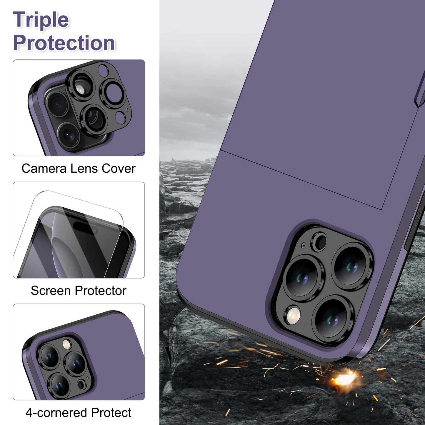 Samonpow For Iphone 16 Pro Case Wallet With Card Holder + 2 Screen Protector + 1 Camera Cover Full Body Heavy Duty Protective Du