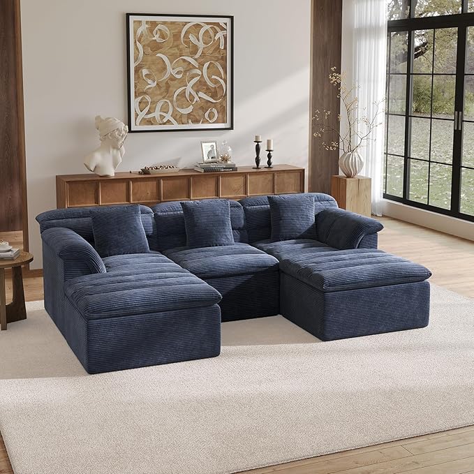 SUNG7 111.8" Modular Sofa with Ottoman, Boneless Cloud Couch with Deep Seat, Comfy U-Shape Corduroy Couches for Living Room, No Assembly Required, Blue