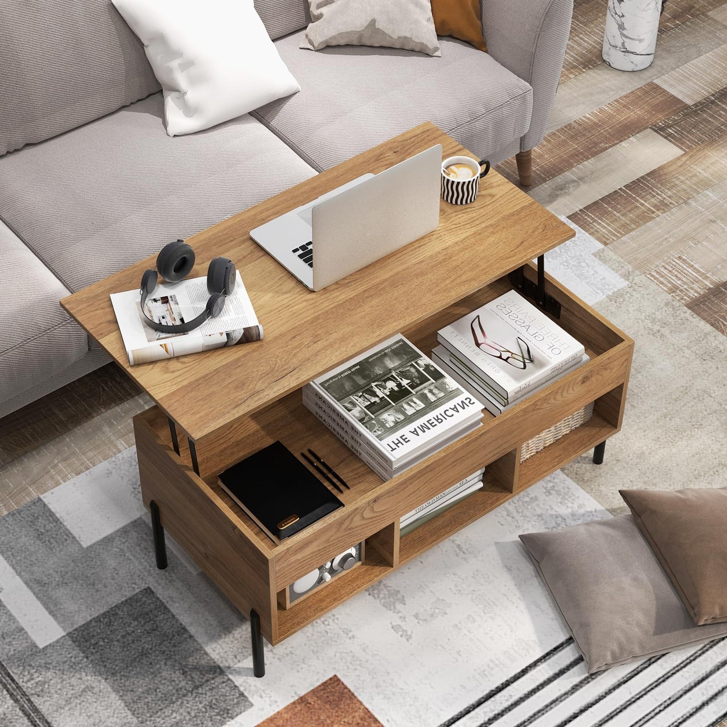 Tangkula Lift Top Coffee Table with Metal Legs, Rising Center Table w/Hidden Compartment & 3 Open Cubbies, Multifunctional Wood Dining Working Table for Living Room Reception Room (Natural)