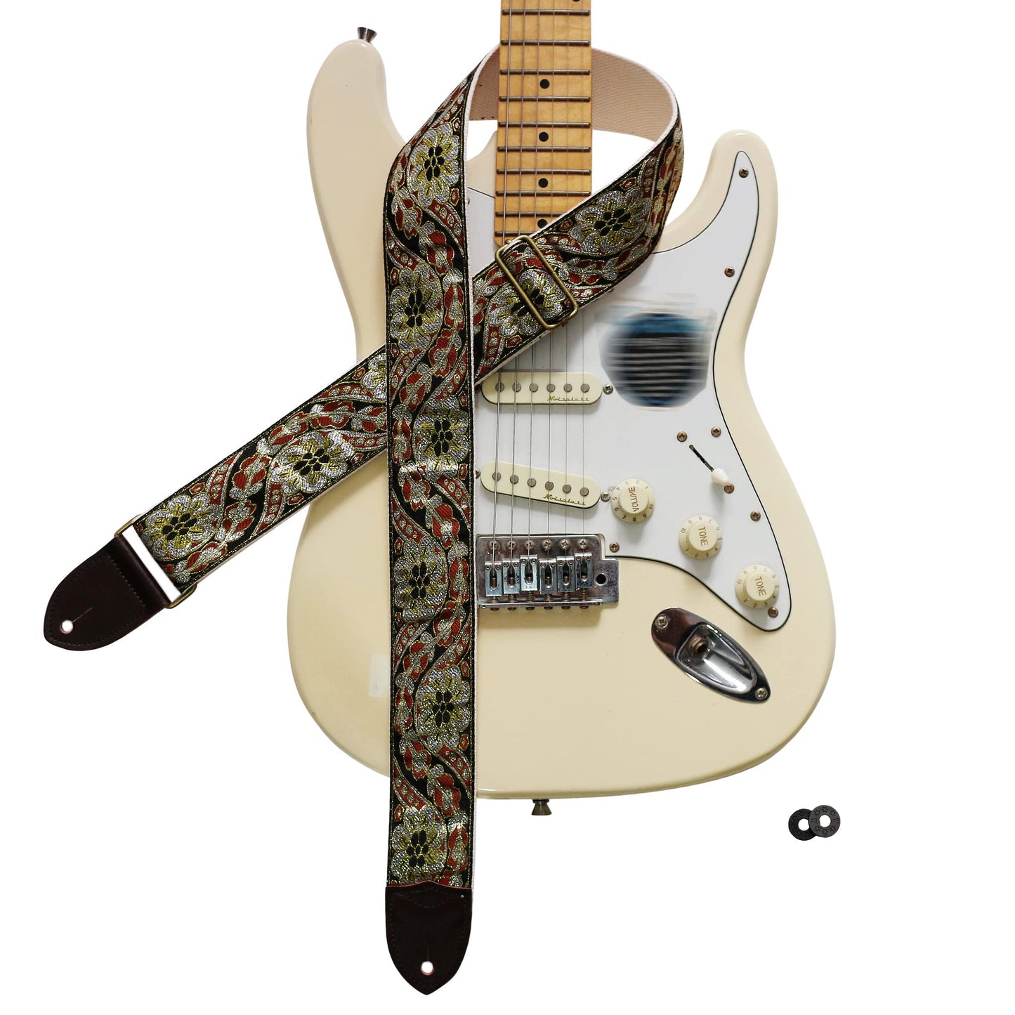 MUSIC FIRST Original Design, 2 inch width (5cm), Vintage Style Embroidery Black Gold Electric Guitar Strap Bass Strap (Black Gol
