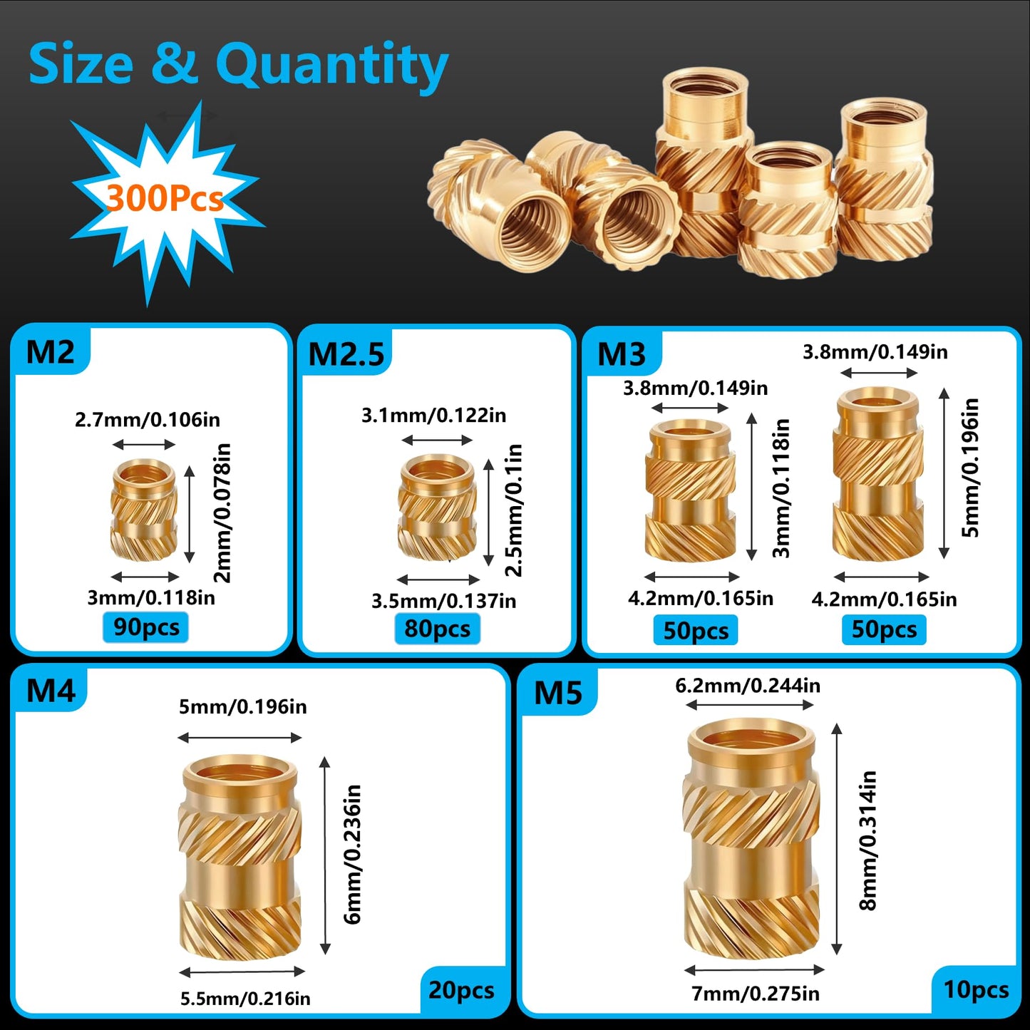 FFVRVSS 300+6Pcs M2 M2.5 M3 M4 M5 Premium Brass Threaded Inserts, Metric Brass Knurled Nuts Assortment Kit, with Heat Set Insert Tool, for Plastic and 3D Printing Components, All-in-one Solutions