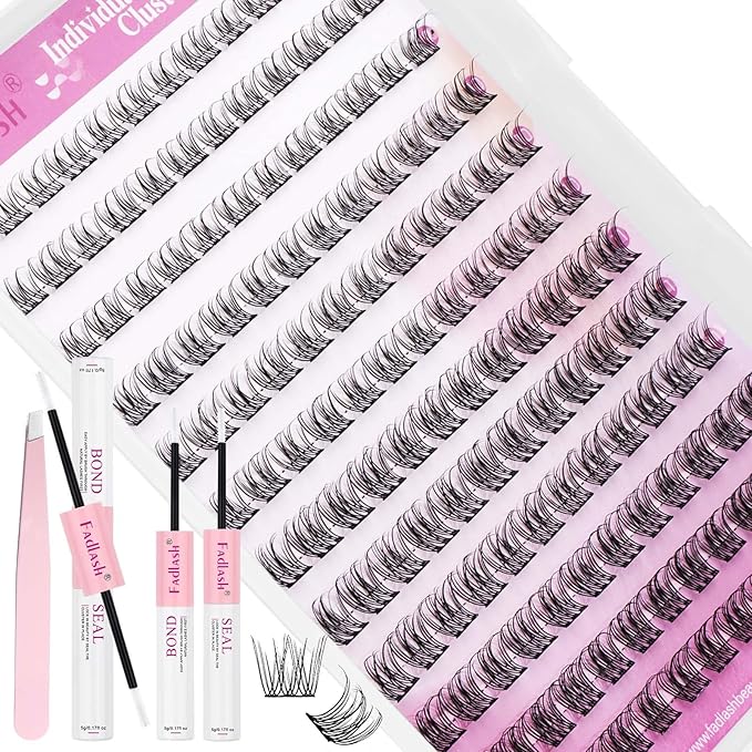 FADLASH Natural Lash Extension Kit Lash Clusters Kit 9-12mm Cluster Lashes Eyelash Exctensions with Lash Bond and Seal and Lash Tweezers DIY at Home (SLYW Kit)