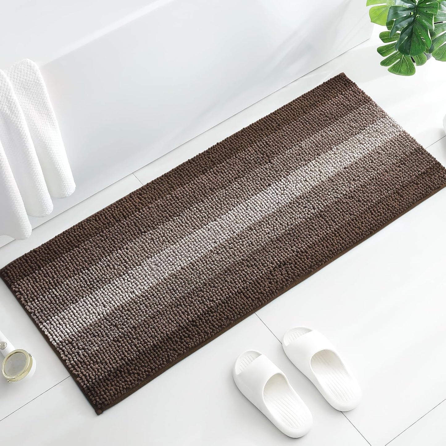 Gibelle Long Bathroom Rugs, Luxury Chenille Bath Mat, Small Non Slip Shower Rug and Bath Room Floor Mats, Machine Washable, Quick Dry Bathmat, Soft Cozy Plush Rug for Tub, 20" x 47", Brown