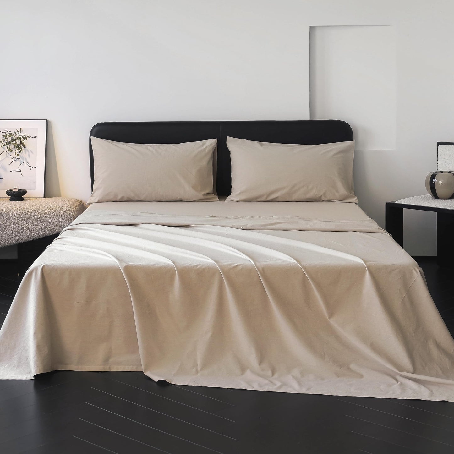 QKTE 100% Washed Cotton Sheet Set Queen Size, Breathable Durable Soft Linen Like Bedding Sheets Set, 4 Pcs-1 Flat Sheet, 1 Fitted Sheet & 2 Pillowcase with 17” Deep Pocket(Camel, Queen)