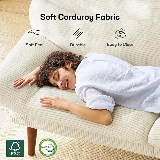 Marsail 75" Futon Sofa Bed, Corduroy Loveseat Futon Couch with Adjustable Backrest & Armrests, Convertible Sleeper Sofa Bed for Apartment, Living Room, Office, White